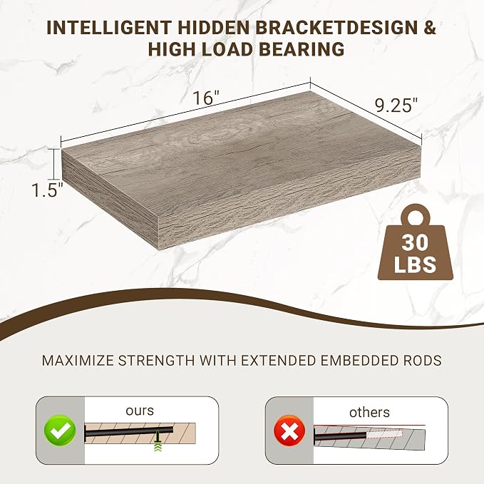 Acovy 16 Inch Floating Shelves, 3D Textured Wood Grain, 16"x9.25"x1.5" Inch Deep Floating Shelves for Wall, Wooden Shelves for Bathroom, Bedroom, Living Room, Vintage Gray Oak, 2 Pieces