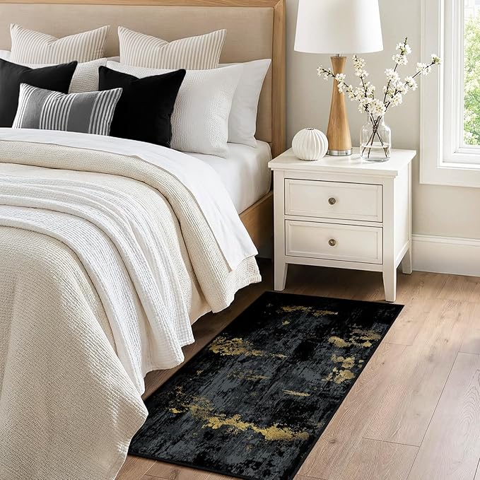 RELEANY Washable Area Rugs 2'x5' Non-Slip Modern Abstract Soft for Living Room Entryway Bedroom Nursery, Print Pattern, Dark Black Gold