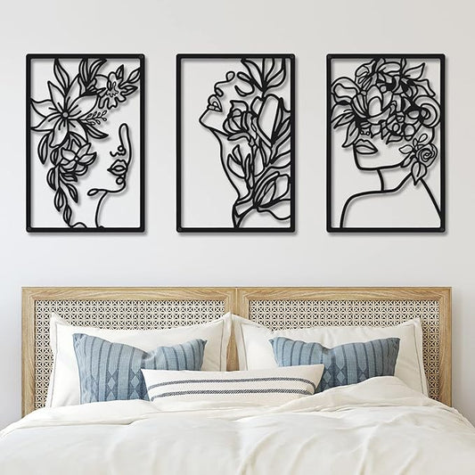 CHENGU 3 Pieces Metal Minimalist Abstract Woman Wall Art Line Drawing Wall Art Decor Single Line Female Home Hanging for Kitchen Bathroom Living Room