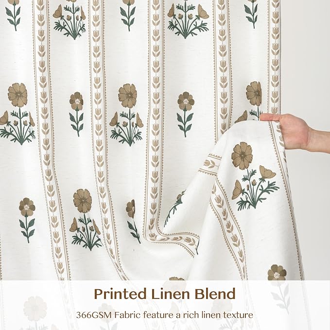 THREE GIRLS Pinch Pleated Light Filtering Linen Blend Floral Block Print Curtains for Bedroom, Dining Room, Living Room, Farmhouse, Memory Trained, Hooks, 2 Panels Set, 40"x102", Brown