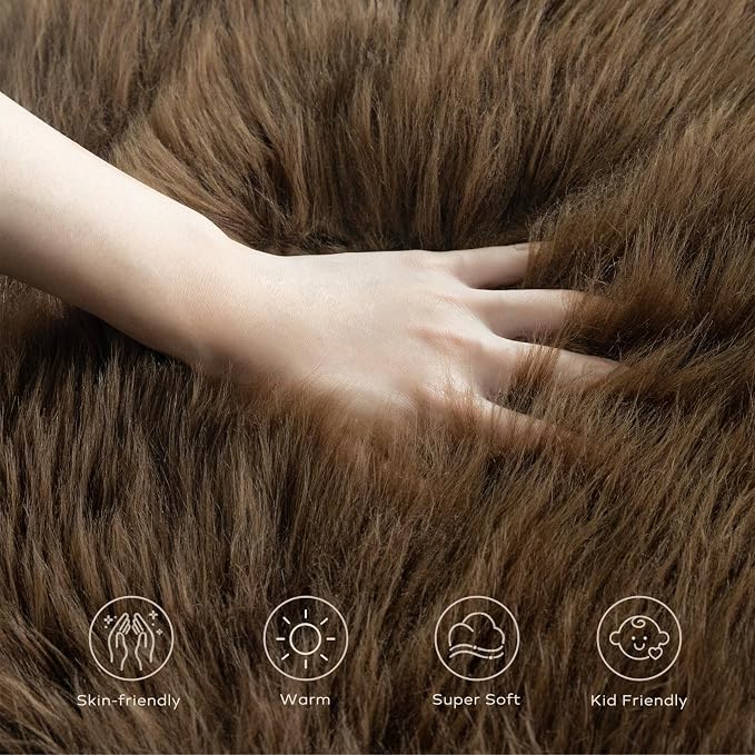 Ashler Faux Fur Rug - Fluffy Shaggy Area Rug, Ultra Soft 3 x 5 Feet Sheepskin Fur, Dark Coffee Fuzzy Machine Washable Shag, Nursery Decor Throw for Bedroom, Living Room, Kids Room