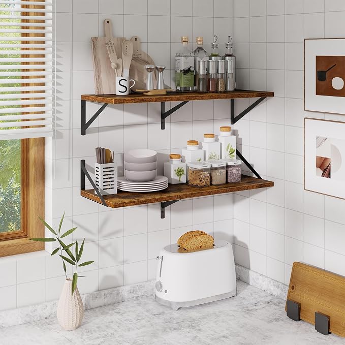 Acovy Floating Shelf for Wall,32" WX10 D Wood Floating Shelves with Sturdy Metal Bracket Set of 2,Wall Mounted Hanging Shelf for Bathroom,Bedroom,Kitchen,Rustic Brown