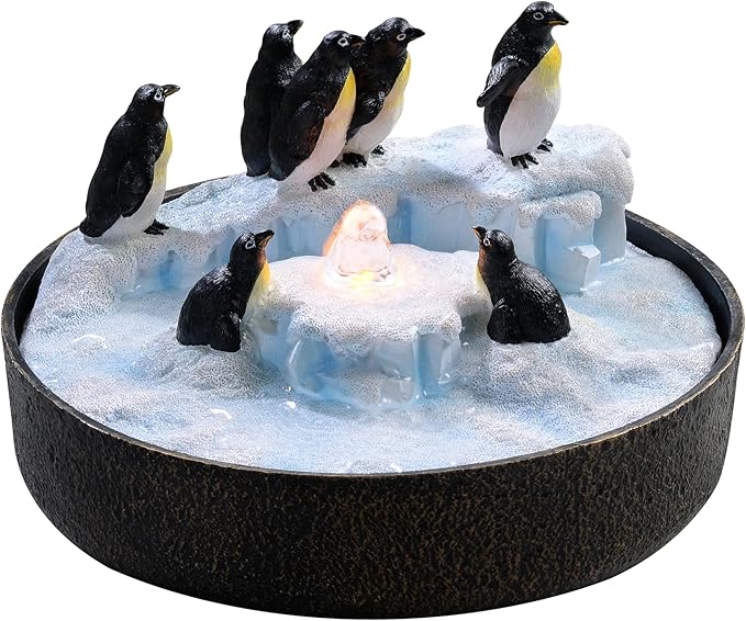 Tolevoit Tabletop Water Fountain Penguins Resin Statue, Vivacious Style Feature Decoration Indoor Waterfall Fountains with LED Lights Fit Office, Night-Table Home Decor