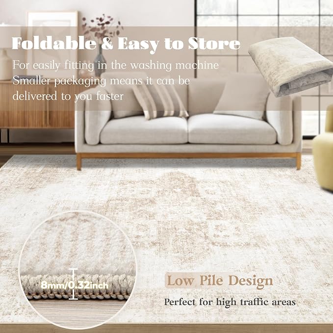 Area Rug 10x14 Washable Rug, Vintage Boho Medallion Rugs Non-Slip Soft Low Pile Large Distressed Rug Indoor Retro Carpet for Living Room Bedroom Dining Room Home Office (Beige, 10'x14')