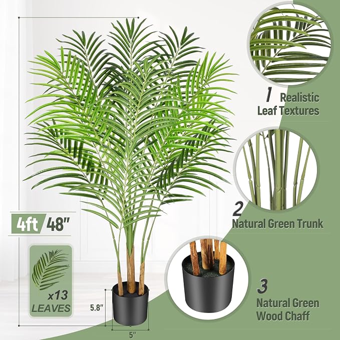 4ft Artificial Palm Tree Indoor Plant Tall Fake Tropical Paradise Palm Tree in Pot with Real Bark Design Faux Areca Palm Tree for Home Office Living Room Bedroom Farmhouse Modern Decor 1pcs