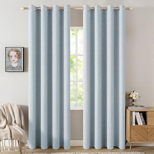 MIULEE 90 Inches Linen Textured Curtains for Bedroom 100% Blackout Thermal Insulated Chambray Blue Grommet Room Darkening Curtains & Drapes Luxury Decor for Living Room Nursery 52 x 90 Inch (2 Panels)