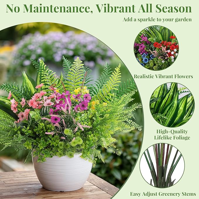 Alupssuc 48Pcs Artificial Flowers and Plants,UV Resistant & No Fade Fake Plastic Greenery Shrubs for Home Garden, Pathway, Front Porch-Spring Summer Decor, Indoor/Outdoor Use, Red Purple Pink Blue