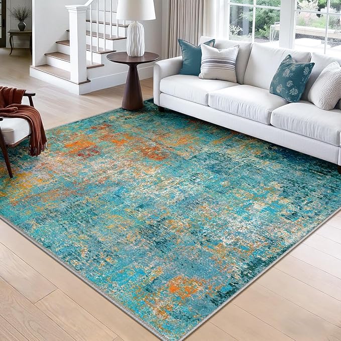 RELEANY Washable Area Rugs Square 8ft Non-Slip Modern Abstract Soft for Living Room Entryway Bedroom Nursery, Print Pattern, Teal Blue Green Orange Rust Red Coloreful