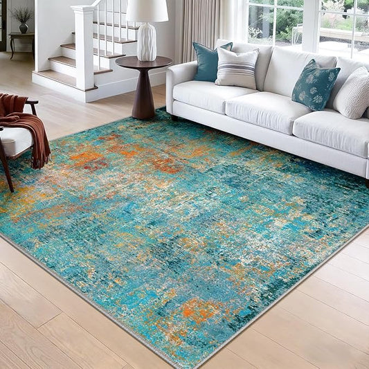 RELEANY Washable Area Rugs Square 8ft Non-Slip Modern Abstract Soft for Living Room Entryway Bedroom Nursery, Print Pattern, Teal Blue Green Orange Rust Red Coloreful