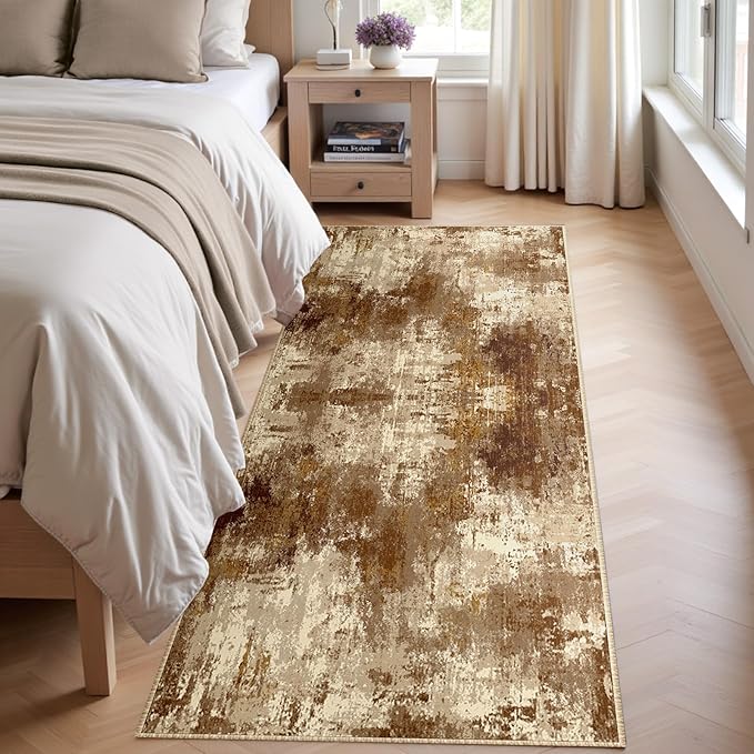 RELEANY Washable Area Rugs 2'x8' Non-Slip Modern Abstract Soft for Living Room Entryway Bedroom Nursery, Print Pattern, Brown Tan Beige Coffee