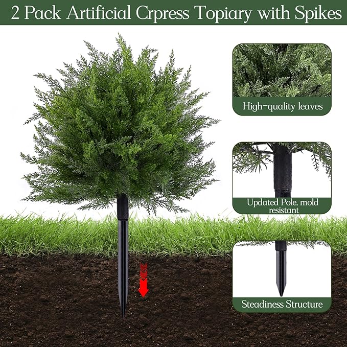 FAJUNZH Artificial Topiary Bushes for Outdoors with Spike, Boxwood Ball Fake Shrubs UV Resistant Faux Plants for Indoor Outdoor Fall Thanksgiving Halloween Decor (Cedar Topiary Ball Trees)