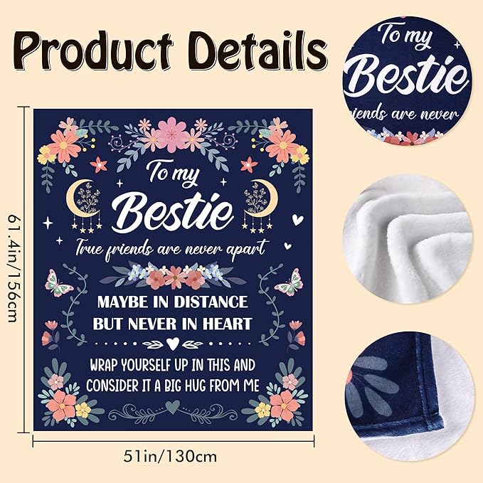 Bestie Gifts for Women Throw Blanket, Friendship Quote Floral Design Soft Cozy Fuzzy Flannel Blanket, Gift for Best Friend Girls Birthday Christmas (50" x 60")