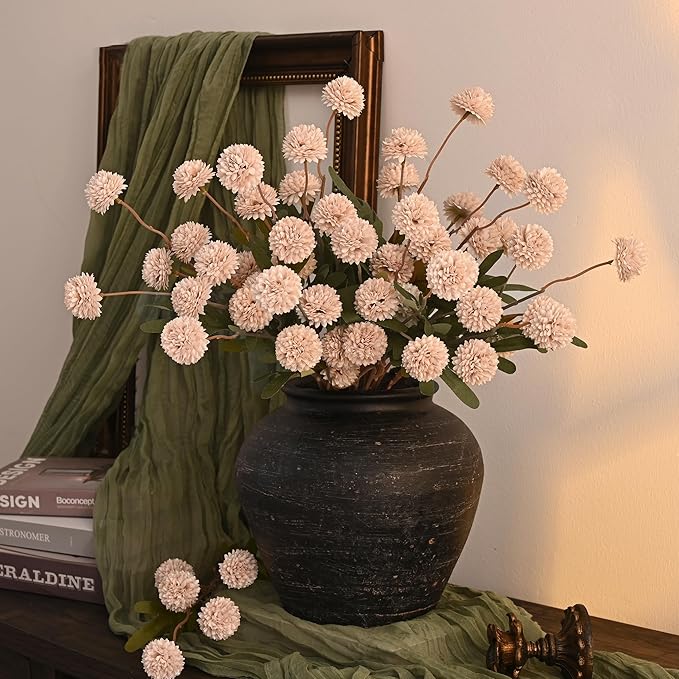 Waipfaru 10pcs Fake Silk Pompon Mum Artificial Flowers, Bulk Faux Mini Chrysanthemums, for Centerpieces Wedding Fillers Champagne Arrangements Boho Decor, No vase, Beige
