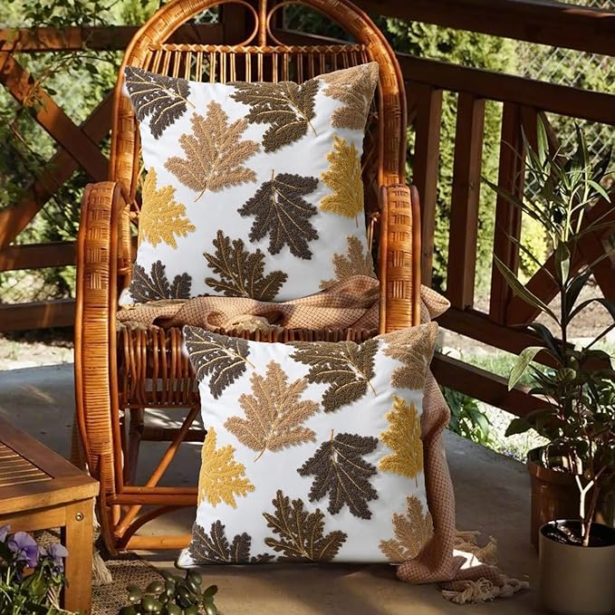 Set of 2 Embroidered Decorative Throw Pillow Covers Couch Square Pillowcases Cushion for Bedroom Sofa Farmhouse Decor 18x18 Inch (Yellow Maple Leaf)