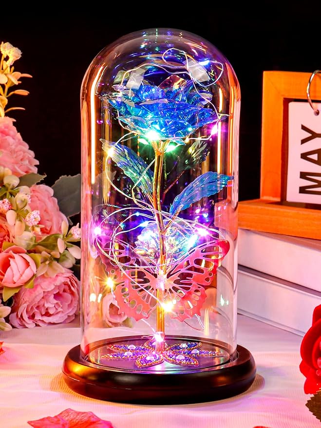 Mothers Day Flowers Gifts for Mom Women Birthday Gift Galaxy Glass Rose Forever Eternal Crystal Flowers Rose in Glass Dome with Butterfly Mother's Day Roses Gifts for Mom Daughter Wife Grandma Blue