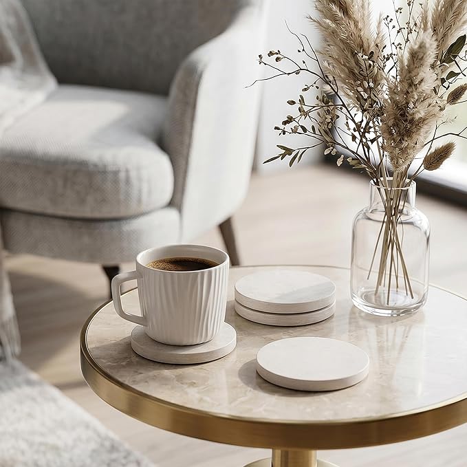 Natural Marble Coasters Set of 4-4" Round Stone Drink Coasters, Non-Slip Cork Backing, Housewarming Gift, Wedding, Protect Tables from Stains & Scratches Cream Grey (WH117)