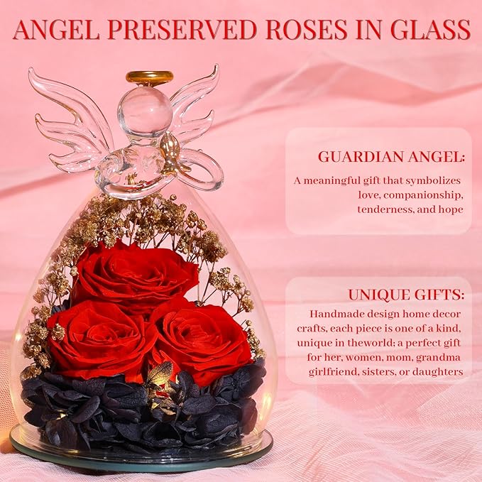 Beferr Mothers Day Mom Birthday Gifts for Women, Fresh Flowers for Delivery Forever Preserved Rose in Glass Angel Figurine, Anniversary Christian Real Rose for Grandma Nana Wife Mum from Daughter Son