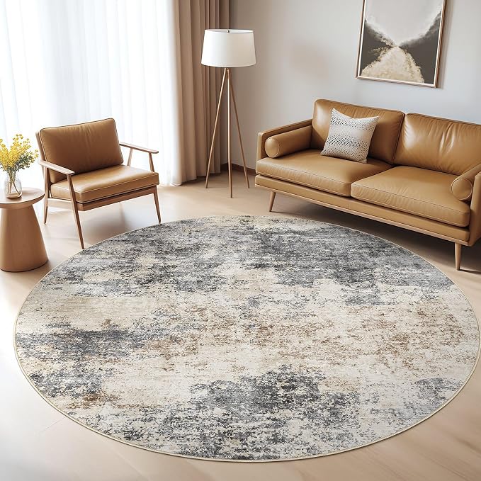 Round Rug Living Room Rugs: 7x7 Washable Circle Large Abstract Modern Soft Stain Resistant Non-Slip Indoor Floor Carpet for Bedroom Nursery Office Dining Room Dorm Home House- Grey Brown
