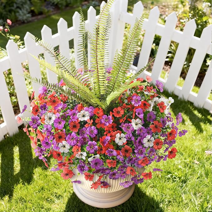 INQCMY Artificial Flowers for Outdoor 12 Pcs Faux Silk Daisy and 1 Pcs Fake Long Leaved Grass UV Resistant Tall Ferns for Home Doorway Courtyard Garden Backyard Decorative