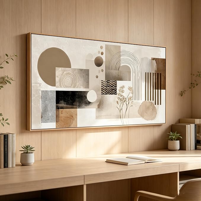 Sorbrozo Framed Abstract Arch Wall Art Modern Geometric Line Art Canvas Print Natural Wood Frame Minimalist Boho Earth Tone Decor for Living Room Bedroom Office 20x40 inch
