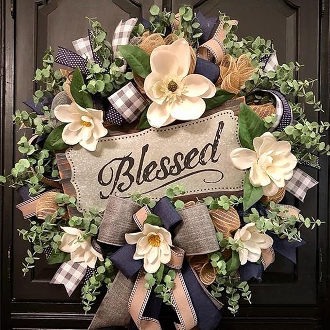 Spring Summer Wreath for Front Door,Farmhouse Magnolia Porch Decoration,Front Door Hanger,Housewarming Gift, Buffalo Plaid Year Round Wreath,Summer Home Decor