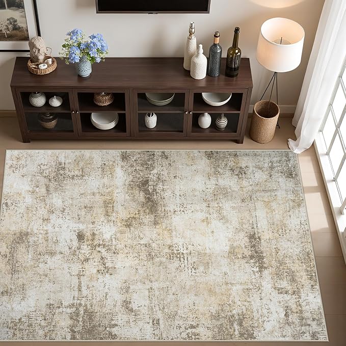 Area Rug Living Room Rugs: 5x7 Washable Rug with Anti-Slip Backing Non-Shedding Stain-Resistant Foldable Modern Abstract Carpet for Bedroom Dining Room Nursery Hallway Home Office Beige Grey