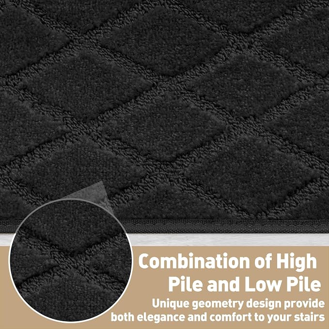 PURE ERA Bullnose Carpet Stair Treads Tape Free Non-Slip Indoor Stair Protectors Pet Friendly Stair Treads for Wooden Steps 9.5" x 30"(7 Pieces,Black Diamond Trellis)