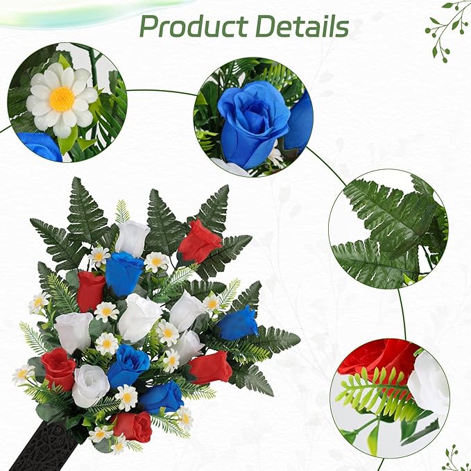 Memorial Day Flowers for Cemetery, 2 Sets Artificial Red White Blue Roses with American Flags Vase Patriotic Cemetery Flowers for Grave, Outdoor Gravesite Tribute Veterans Memorial Day Decorations