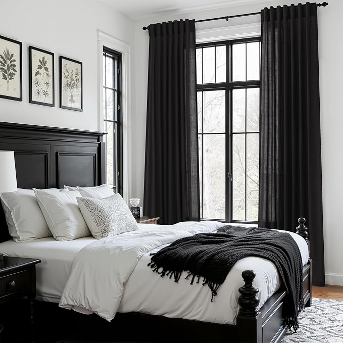 Vintage Black Linen Curtains 102 Inches Long for Living Room Light Filtering Semi Sheer Curtain Back Tab Floor to Ceiling High Window Gothic Vintage Decor Drapes for Bedroom Office 52x102,2 Panels