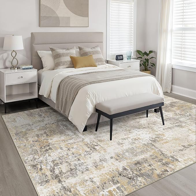 9x12 Area Rug Living Room: Washable Large Neutral Gray Gold Rugs Abstract Soft Modern Stain Resistant Indoor Floor Non-Slip Carpet for Bedroom Nursery Kids Office Playroom Dining Room Under Table Home