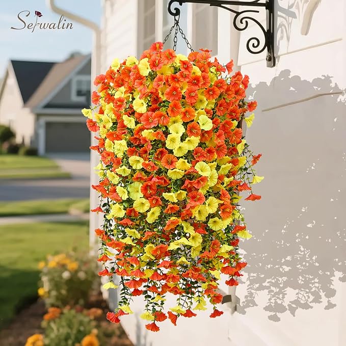 Serwalin Artificial Hanging Flowers for Outdoors Decoration, 4PCS UV Resistant Silk Artificial Fake Plants Outdoor for Porch Patio Balcony Indoor Planter Yard Decor (Orange&Yellow,4PCS)