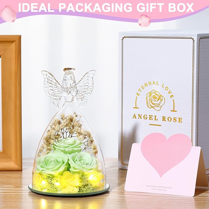 Mothers Day Rose Gifts for Women Preserved Flowers in Glass Angel Forever Flowers Gifts Eternal Roses Gifts for Grandma, Green