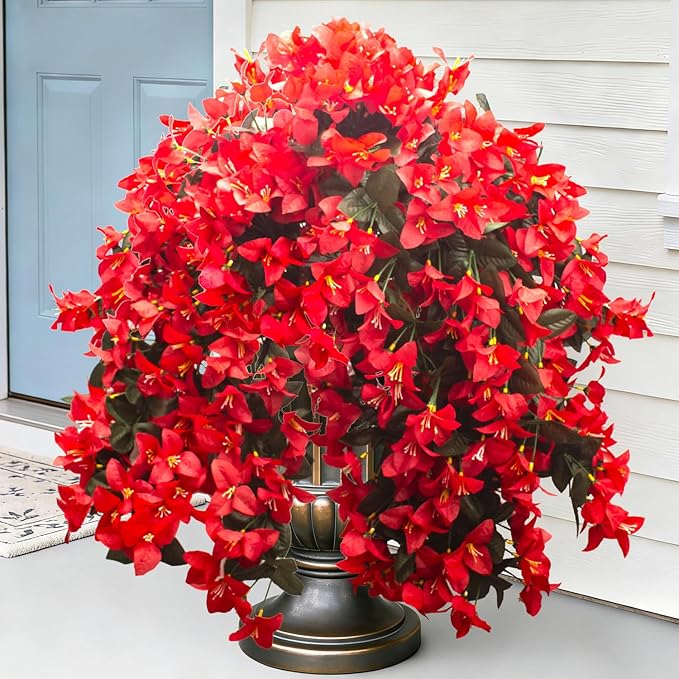 Grunyia 4 Pack Artificial Bougainvillea Flowers Outdoor UV Resistant, Fake Silk Trailing Vines Realistic Faux Hanging Plants for Front Door Porch Patio Garden Yard Window Box Planter Urn Decor(Red)