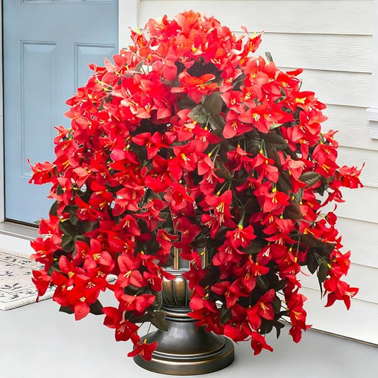 Grunyia 4 Pack Artificial Bougainvillea Flowers Outdoor UV Resistant, Fake Silk Trailing Vines Realistic Faux Hanging Plants for Front Door Porch Patio Garden Yard Window Box Planter Urn Decor(Red)