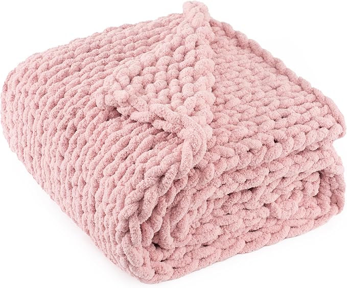 Chunky Knit Throw Blanket 60x80, 100% Handmade Chenille Yarn | 6.7lbs Soft Thick Cable Knitted Blankets, Large Rope Knot Crochet Throws for Couch Sofa Bed Machine Washable, Dusty Pink