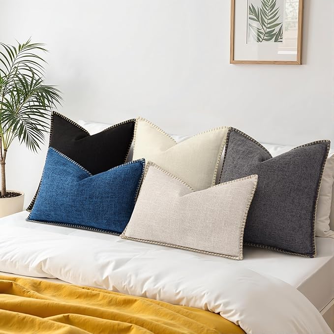 decorUhome Summer Decorative Throw Pillow Covers 12x20 Set of 2 Lumbar Faux Linen Outdoor Neutral Farmhouse Pillow Covers with Stitched Edge for Couch Sofa Living Room, Dark Blue