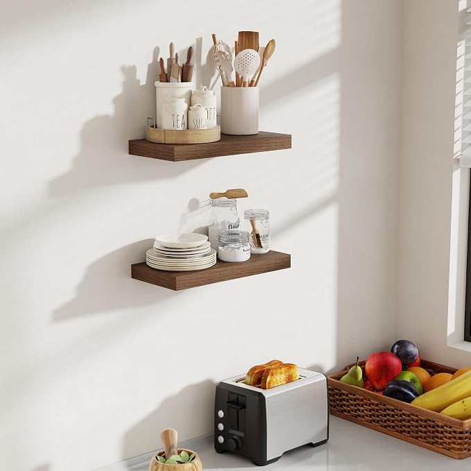 Acovy 16 Inch Floating Shelves, 8 Inch Deep Floating Shelves for Wall, Hanging Shelf with Invisible Brackets, Deep Shelves for Bathroom, Bedroom, Living Room, Walnut, Set of 2