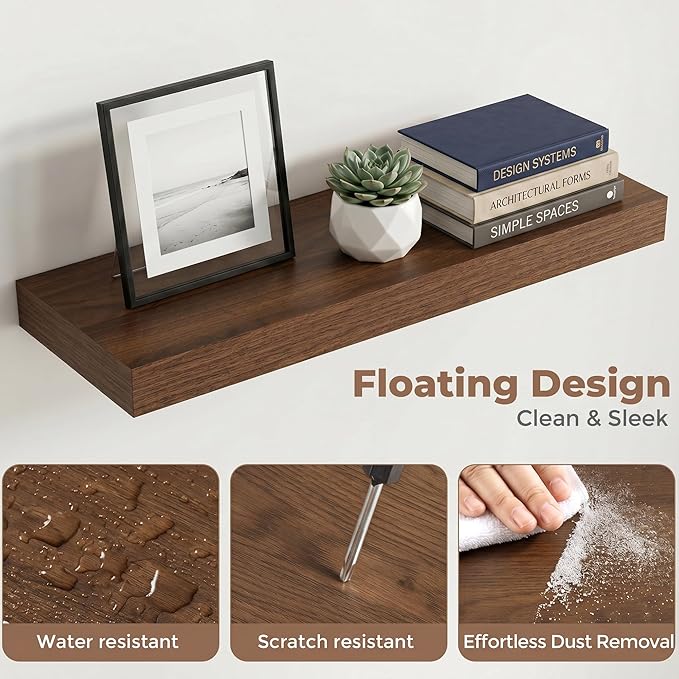 24 Inch Floating Shelves for Wall, 8"D Wood Storage Shelves, Walnut Finish | Engineered Wood, Invisible Bracket, Large Storage, Easy Install, Hold Up to 44lbs, Living Room, Bathroom, Bedroom, Kitchen