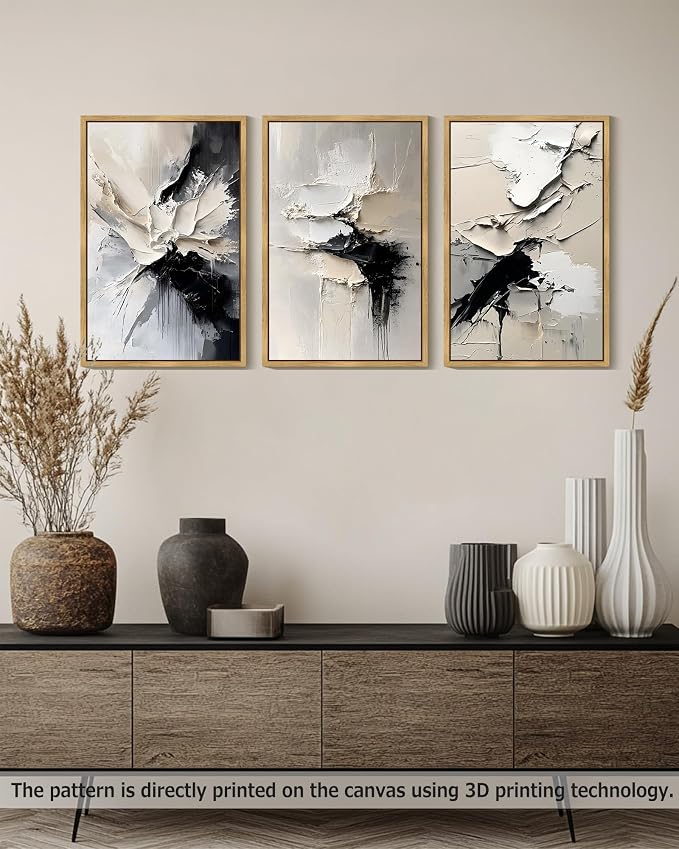 PHOPAGO Black Abstract Framed Wall Art Large 16x24in Minimalist Neutral Color Block Pastel Wall Decor Modern Brush Stroke Illustration Paints Home Decor - Natural Framed