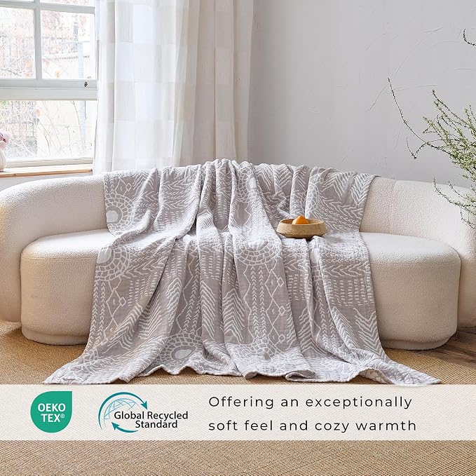 Boho Muslin Throw Blanket Twin Size 60"x80", 100% Cotton Lightweight 4-Layer Reversible Herringbone Quilt, All Season Decorative Blanket for Couch Bed Sofa Home Decor Gift - Grey/Off-White