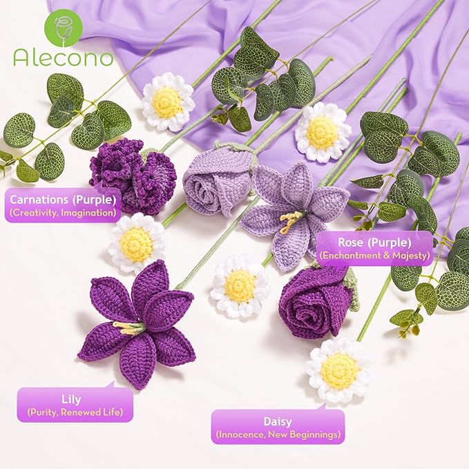 Alecono Crochet Flower Bouquet, Purple Knitted Flowers, Large Knitted Flower for Anniversary Party Christmas Festival Gifts for Her (Include Card)