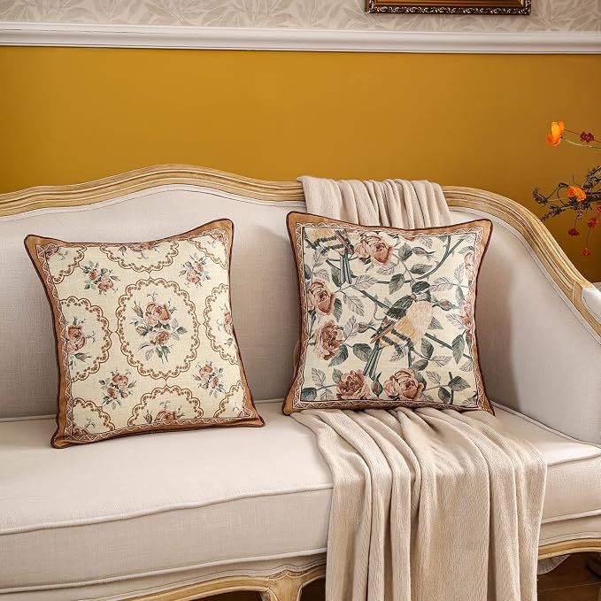 patdrea French Vintage Linen Throw Pillow Cover,18"x18"-ParkerEstate C | Decorative Pillow Case with Zipper,Bird and Floral Pattern,Cushion Coverfor Couch Living Room Bedroom Sofa