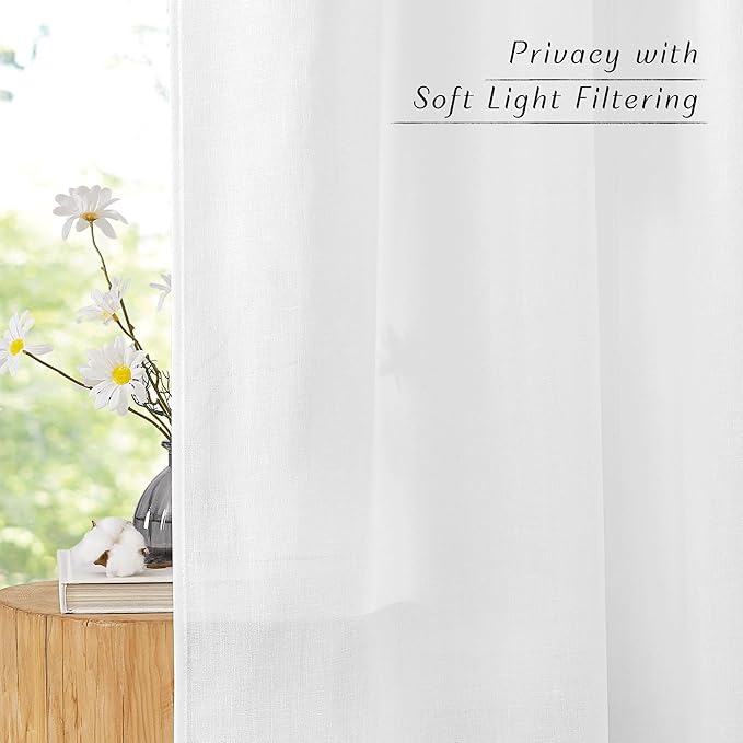 NICETOWN White Linen Short Curtains for Kitchen 48 inches Long, Grommet Top Privacy Added Drapes with Light Filtering Window Treatments for Kids Room, W42 x L48, 2 Panels