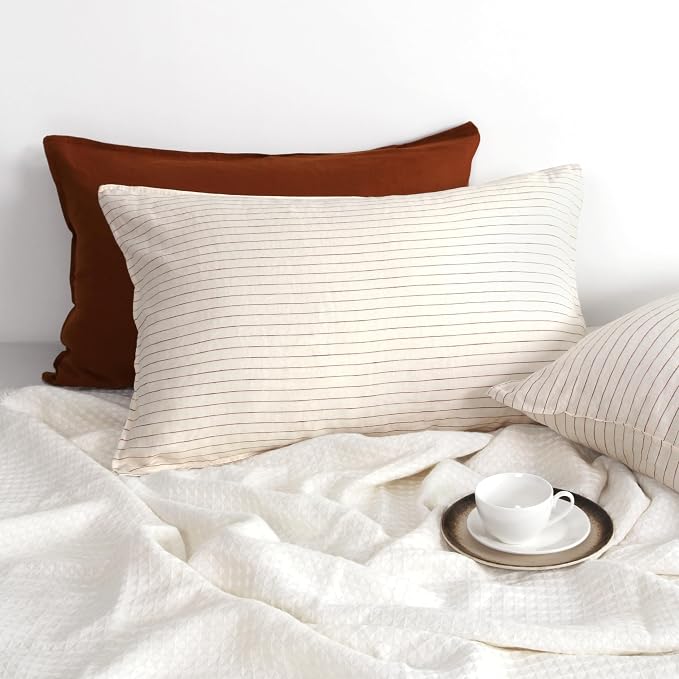Striped Linen Pillow Cases Set of 2,20"x30" Standard/Queen Size,100% French Natural Flax Soft Linen Pillowcases,Rust Pinstripe