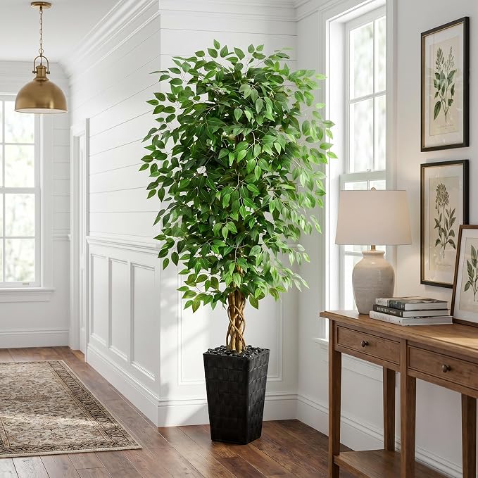 Artificial Ficus Tree 5FT Faux Floor Tree with Planter UV Resistant Potted Fake Silk Plant - Faux Trees Indoor Outdoor Lifelike Fake Ficus Tree for Home, Living Room Bedroom Topiary Tree