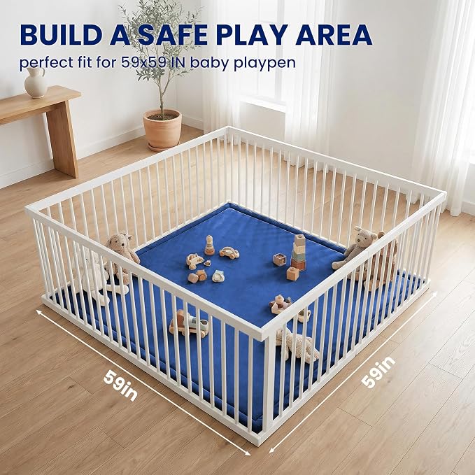 Ultra Soft Baby Play Mat for Floor, 1.3" Thick Elasti-Foam 59x59 Play Mat for Playpen,Water-Repellent Coral Velvet for Tummy Time, Non-Slip Backing,Safe for Toddlers & Infants（Dark Blue）