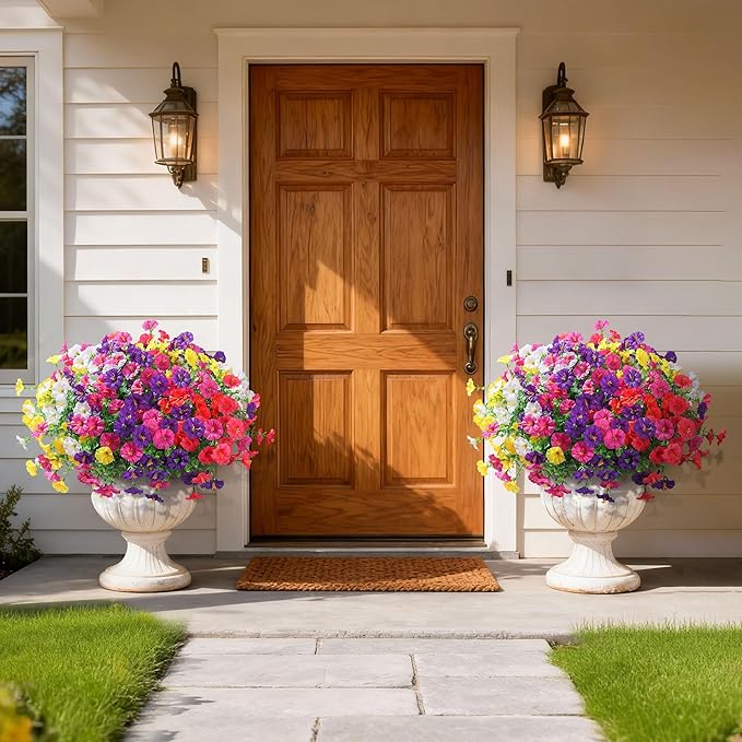 Ivydale 24 Bundles Artificial Flowers for Outdoors Spring Plants Outdoor Decor, Faux Silk Morning Glory Fake Flowers Bulk Petunias Realistic UV Resistant for Outside Porch Patio Window Garden Yard