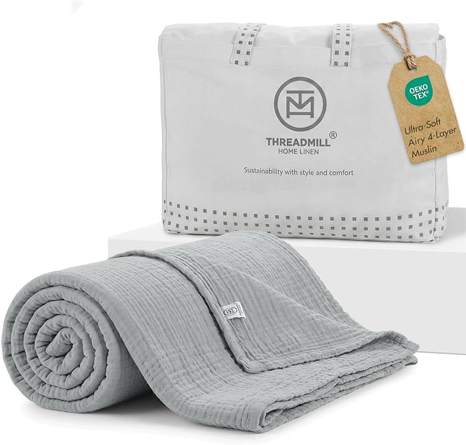 Threadmill King Size Muslin Blanket | 4 Layer Gauze Bed Blanket for All Seasons | Soft, Breathable, and Cozy Picnic Blanket| Pre Washed, Lighweight Blanket Fits Cal King Size Bed | Light Grey