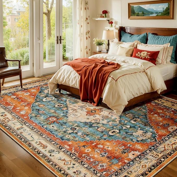 SERISSA 7x9 Area Rugs for Living Room, Large Washable Non-Slip Boho Rug, Ultra Soft Vintage Oriental Tribal Print Distressed Carpet for Dining Room Bedroom Dorm Office Home Decor