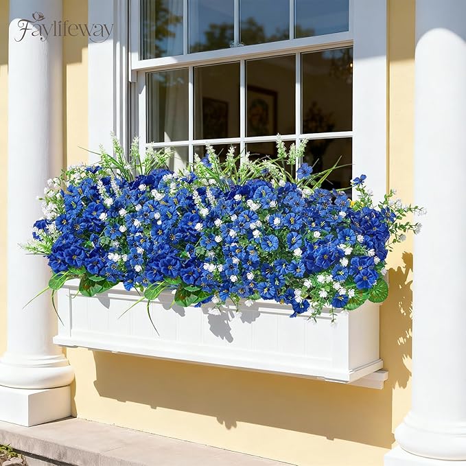 16 Bundles Artificial Flowers for Outdoors, UV Resistant Silk Faux Flowers for Outside Planters,Garden,Porch,Yard,Home Decor(Blue)